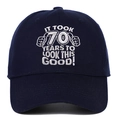 Navy blue 70th birthday gift baseball cap featuring white embroidered funny slogan - Navy Blue