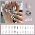 Halloween amandel plaknagels met kattenmotieven en parelwitte afwerking, set van 24 stuks - W947 (Lijm Type)