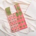 Knit tote bag with pink and green geometric polka dot patterns on white fabric background - Watermelon Red-Patchwork