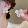 Sweet white flower earrings with gold metal and clear gemstone centers for women - 86# Silver Earring Post - Gold & White