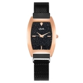 Fashionable rose gold barrel-shaped watch with black starry sky dial and Milanese mesh strap - Black