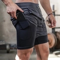 Men's 2-in-1 quick-dry gym shorts in dark grey with phone pocket for running and basketball - Black Grey With Black Lining
