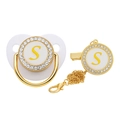 Detail of baby pacifier set with golden letter S and sparkling rhinestone accents - Letter S