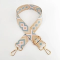 Detail of 3.8cm wide embroidered geometric strap with gold metal hooks for handbags - Blue Pink Light Khaki