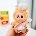 Brown Labubu plush toy in blue chef apron and white hat with sweet kitchen embroidery - Pink Kitchen Pendant / First And Second Generation Keychains Are Compatible With La Cloth Dolls. Dolls Not Included.