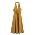 Ginger yellow halter neck V-neck dress with drawstring waist and elegant flared skirt - XS / Earthy Yellow