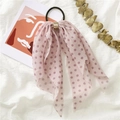 Pink polka dot hair scrunchie with long ribbons and a gold buckle on white fabric - Polka Dot Light Purple