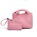 Rosa gewebte Mini-Korb-Tasche und passendes Etui im Intrecciato-Stil für Damen - Kirschblütenrosa