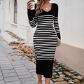 Elegantes schwarz-weiß gestreiftes Strickkleid mit V-Ausschnitt und langen Ärmeln für Damen - S / Schwarz