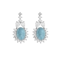 Detailed close-up of light blue oval gemstone earrings with sparkling halo and silver plating - Type D - Oval Shape / Deep Sea Blue