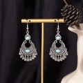 Bohemian silver drop earrings featuring turquoise stones and beaded fringe tassels - S4299 Blue Alloy Marquise Dangle Earrings