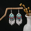 Ethnic bohemian drop earrings featuring silver feathers and turquoise stones - Feather Tassel Multicolor Beads Silver Style (E2861/Multicolor)