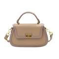 Beige litchi grain leather handbag with gold twist lock and detachable shoulder strap - Khaki