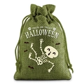 Detailed texture of green burlap Halloween drawstring bag with skull and text print - 10*14cm / Army Green
