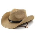 Western straw cowboy hat with turquoise leather band and adjustable chin strap - M(56-58cm) / Khaki