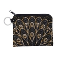 Close-up of mandala pattern print on fabric coin purse with metal keyring detail - Gold Fan Pattern