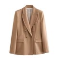 Detail of camel blazer showing notched lapels and six gold metallic buttons texture - XS / Khaki