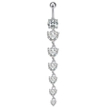 Close-up of silver navel ring with six heart-shaped zircon stones in a vertical drop - Style 13-Gradient 6-Heart Dangle