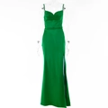 Detail of green satin evening dress featuring a cowl neck and high side slit design - S / Green