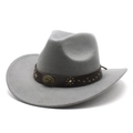 Detailed view of grey felt cowboy hat with vintage floral metal rivets and brown decorative band - M (56-58cm) / Gray