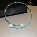 Irregular pearl and blue faceted crystal beaded choker necklace with gold accents - 13# Blue Pearl Crystal Choker