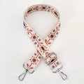 Detail of adjustable beige woven strap with red and blue ethnic patterns and silver hooks - Beige Ethnic Embroidery / Silver Clasp
