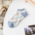 Women's cream cotton ankle socks with blue argyle pattern and pink floral knit details - One Size / Blue White Argyle Floral Ruffle