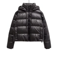 Women's black faux leather hooded puffer jacket with quilted warm padding - XS / Black
