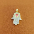 Golden Hamsa hand pendant with micro-pave crystals and a red heart-shaped evil eye motif - 18-Gold Full Zircon Red Heart Eye