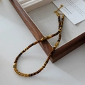 Tiger eye stone beaded necklace with vintage brown stripes and golden heart charm - Tiger Eye Picture Stone Necklace XL0277