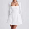 Elegant white long sleeve square neck A-line dress for women evening wear - S / White