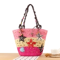 Pink and beige striped bohemian straw bag with floral embroidery and beaded handles - Pink Series