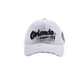 Detail of vintage white cotton baseball cap with Orlando embroidery and distressed brim - White