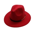 Detailed view of red felt fedora hat featuring black leather band and gold chain accents - One Size / Red