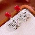 Detail of vintage red geometric studs and white polka dot flower resin drop earrings - No.30 925 Silver Needle Red Pale Yellow