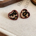 Macro detail of heart-shaped leopard print earrings with a warm velvet texture - 19# Heart Wine Red Leopard Plush Studs (Silver Earring Post-Heart-Red)