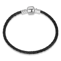 Braided black leather bracelet with S925 sterling silver barrel clasp and plain finish - 18cm / Black