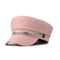 Detailed view of pink sailor hat featuring a silver chain and structured crown - Pink
