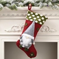 Christmas stocking with green polka dot cuff and grey gnome 3D plush decoration - Style A (Red Body/Green Cuff/Gnome)