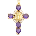 Detail of a vintage golden cross pendant with Mary icon and purple teardrop crystals - Style 25/Gold Virgin Mary Relief Purple Zirconia Cross