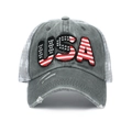 Dark gray USA flag embroidered ponytail trucker hat with mesh star print detail - Adjustable / Gray