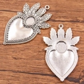 Silver vintage heart charm pendant showing front and back details for DIY jewelry making - 27B2-15 Large Flame Sacred Heart