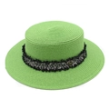 Chic green straw flat top hat with tweed fringe and golden metal M letter emblem - M (56-58cm) / Grass Green
