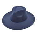 Detail of navy blue wool fedora hat with a wide brim and classic pinched crown design - M (56-58cm) / Navy Blue