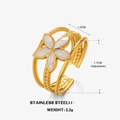 Bague ouverte en acier inoxydable doré 18K avec fleur en émail blanc et anneau tressé - Blanc