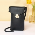 Elegant black faux leather crossbody phone bag featuring a classic gold round metal buckle - Black