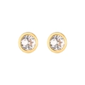 Macro view of gold bezel-set stud earrings with clear round cubic zirconia stones - Gold Dots