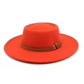 Detail of red wool felt boater hat with brown leather band and silver buckles - M (56-58cm) / Orange Red