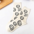 Chaussettes en coton beige avec smileys noirs et inscription Have a Nice Day - Taille unique / Blanc Avec Motif Sourire Partout