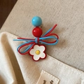Floral leather bow hair clip featuring red and blue beads with a silver metal duckbill base - Red Blue Bowknot Flower Style